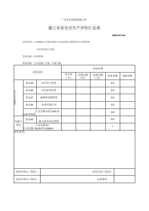 施工企业安全生产评价汇总表