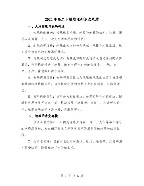 2024年高二下册地理知识点总结(2篇)
