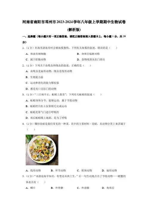 河南省南阳市邓州市2023-2024学年八年级上学期期中生物试卷