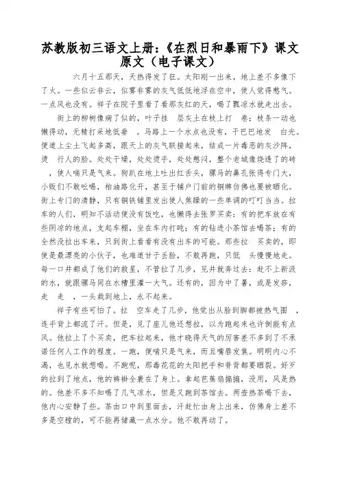 苏教版初三语文上册：《在烈日和暴雨下》课文原文(电子课文)