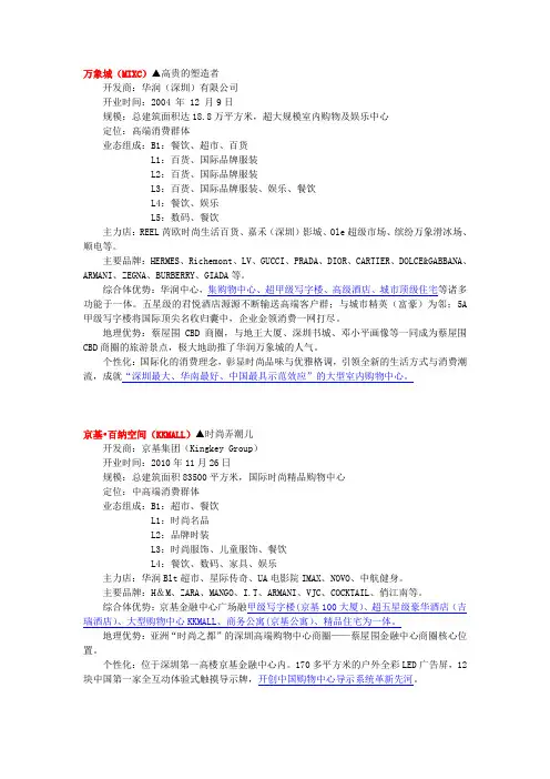 深圳六大购物中心考察比较表