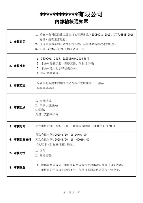 内部稽核通知单【范本】