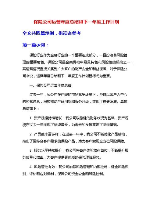 保险公司运营年度总结和下一年度工作计划