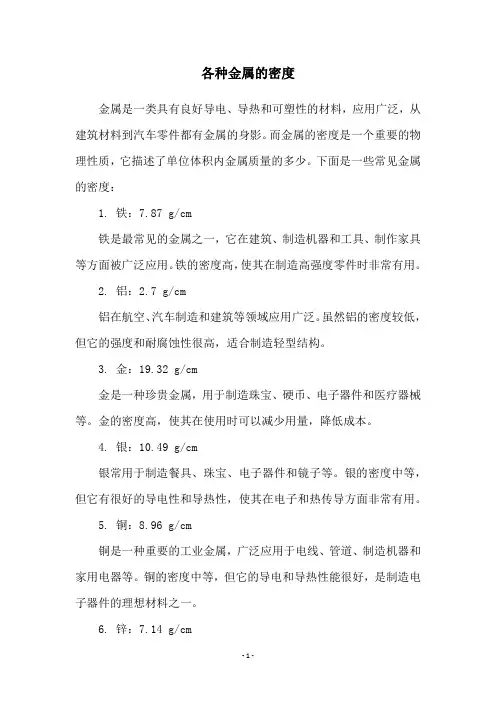 各种金属的密度