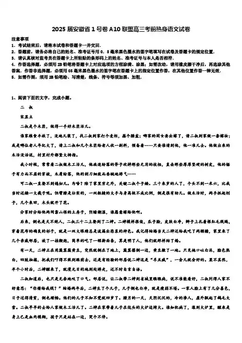 2025届安徽省1号卷A10联盟高三考前热身语文试卷含解析