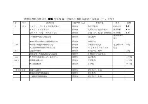 余姚市教育局教研室2007学年度第一学期各科教研活动分月安排(精)