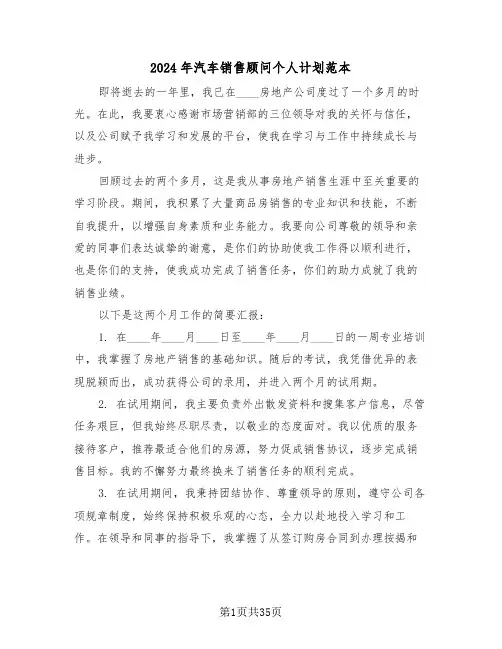 2024年汽车销售顾问个人计划范本（6篇）