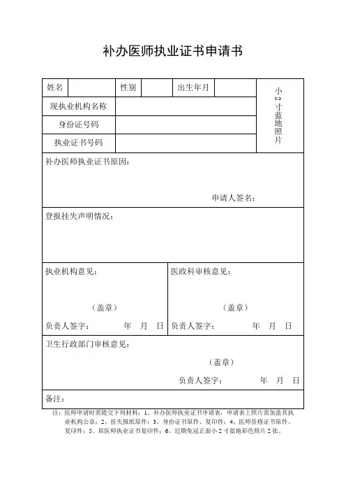 补办医师执业证书申请书