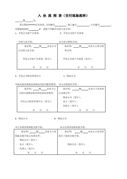 入 伙 流 程 表(交付现场流转)
