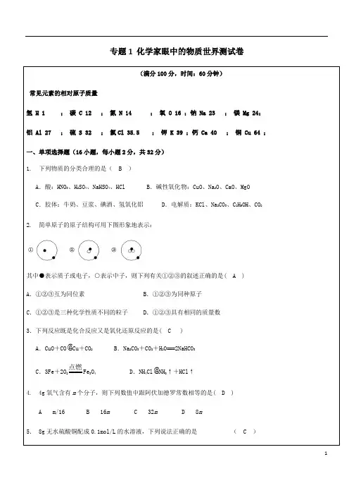 苏教版高中化学必修一专题1 化学家眼中的物质世界测试卷(有答案)