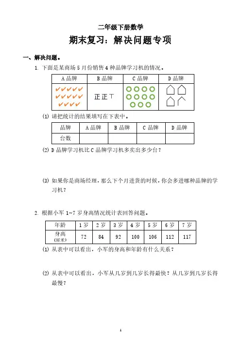二年下册数学《期末解决问题专项》