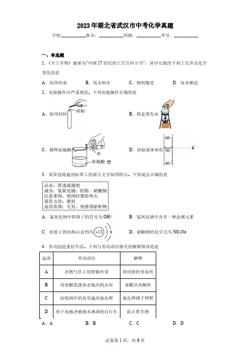 2023年湖北省武汉市中考化学真题(含解析)