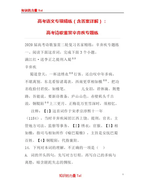 高考语文专项精练(含答案详解)：高考诗歌鉴赏辛弃疾专题练