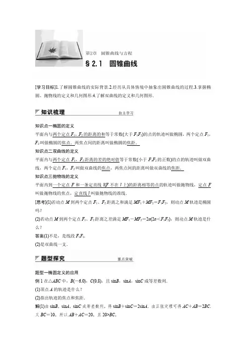 高中数学苏教版选修1-1学案：第二章 §2.1 圆锥曲线 Word版含答案