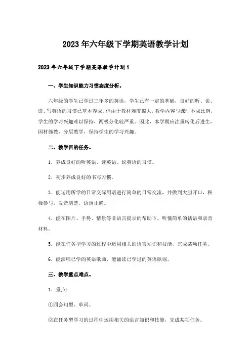 2023年六年级下学期英语教学计划_1