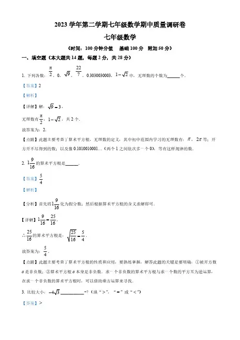 上海市杨浦区部分学校2023-2024学年七年级下学期期中数学试题(解析版)