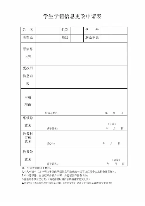 学生学籍信息更改申请表