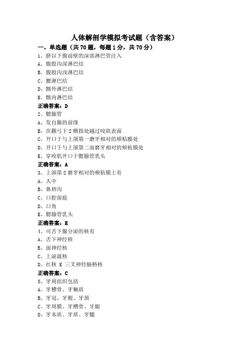 人体解剖学模拟考试题(含答案)
