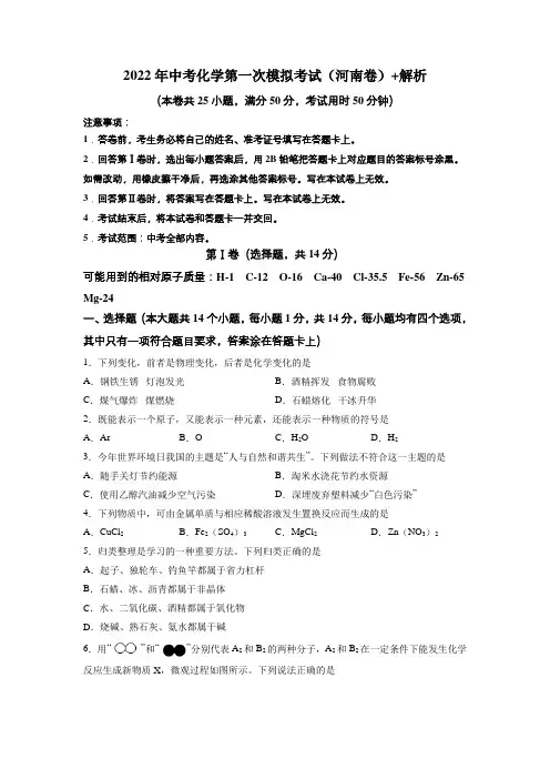 2022年中考化学模拟考试(河南卷)1(考试版+解析)