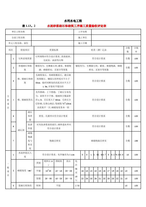 水泥砂浆砌石体砌筑工序施工质量验收评定表(范表)
