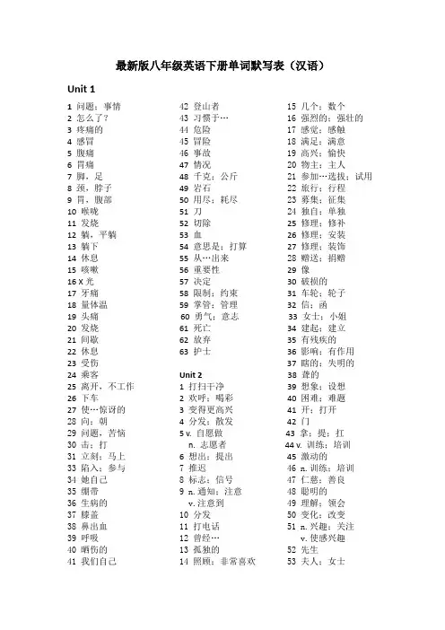 最新版八年级英语下册单词默写表(汉语)