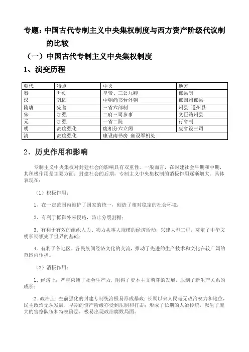 专题：中国古代专制主义中央集权制度与西方资产阶级代议制的比较