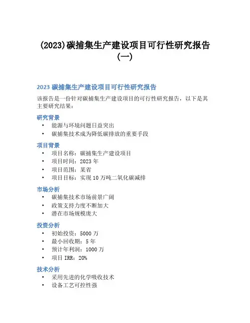 (2023)碳捕集生产建设项目可行性研究报告(一)