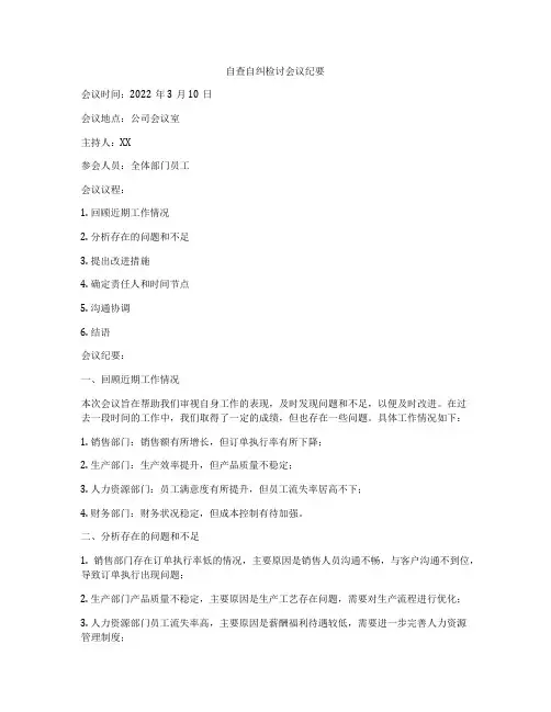 自查自纠检讨会议纪要