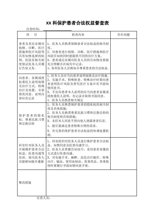 保护患者合法权益自查表