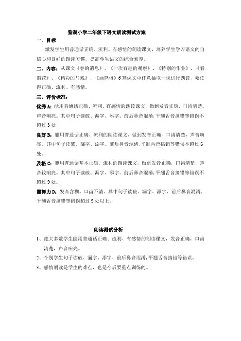 二下语文朗读、口语测试方案、分析