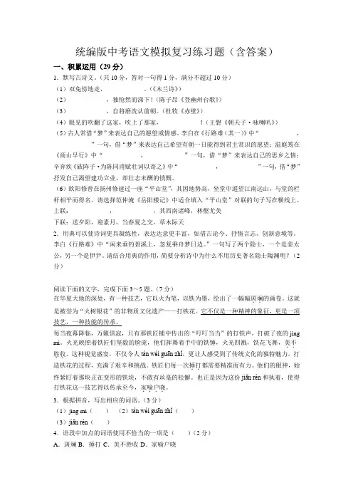 统编版中考语文模拟复习练习题(含答案)