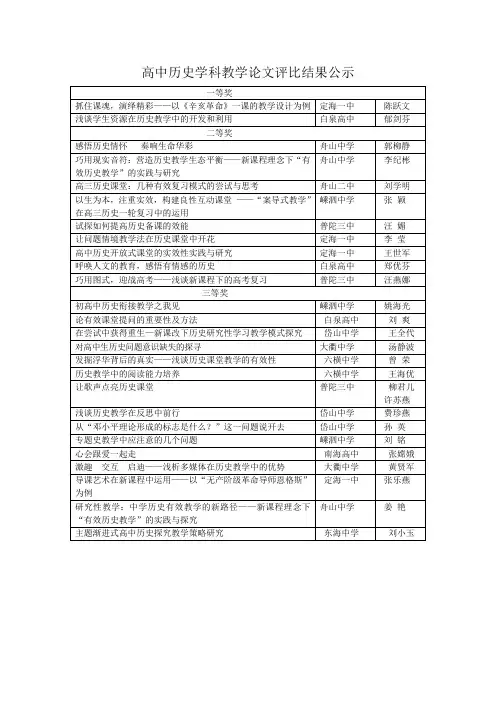 高中历史学科教学论文评比结果公示