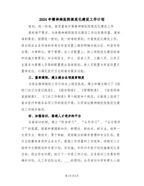 2024年精神病医院规范化建设工作计划（二篇）