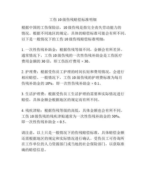 工伤10级伤残赔偿标准明细