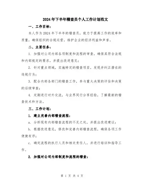 2024年下半年稽查员个人工作计划范文