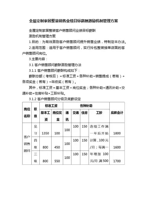 全屋定制家居整装销售业绩目标薪酬激励机制管理方案