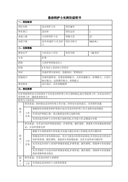 急诊科护士长岗位说明书