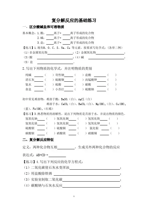 初中化学,复分解反应基础练习试题