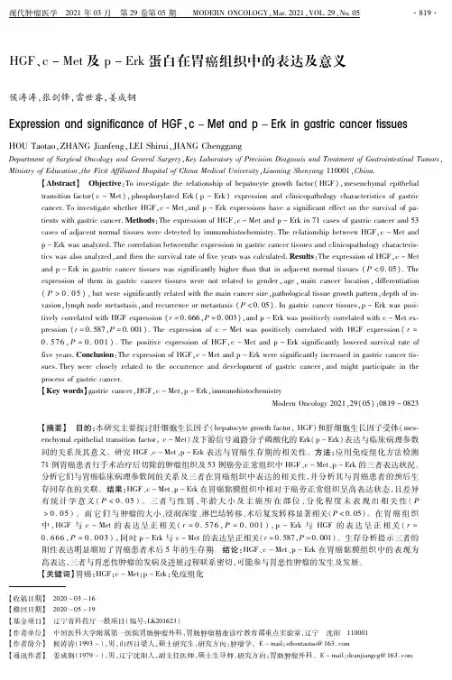 HGF、c-Met及p-Erk蛋白在胃癌组织中的表达及意义