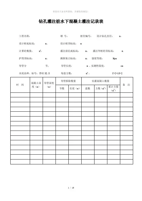 钻孔灌注桩水下混凝土灌注记录本表