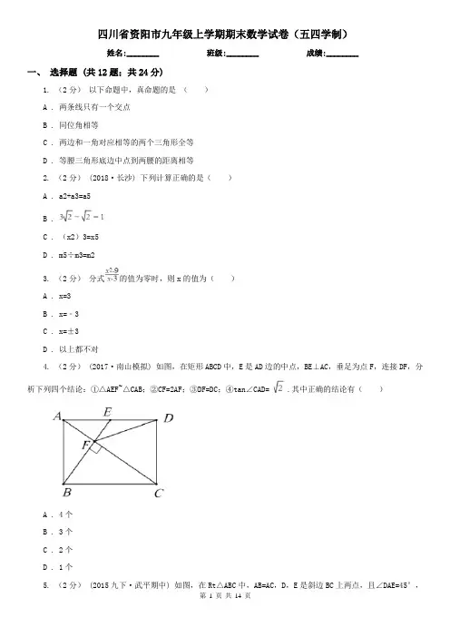 四川省资阳市九年级上学期期末数学试卷(五四学制)