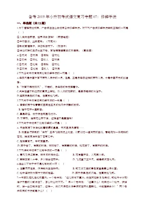 【精编】2019年小升初语文专项复习07：修辞手法 (通用版,含答案及解析)
