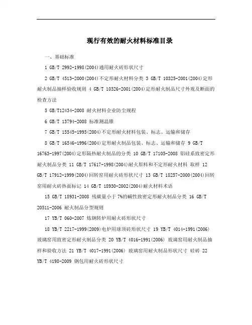 现行有效的耐火材料标准目录