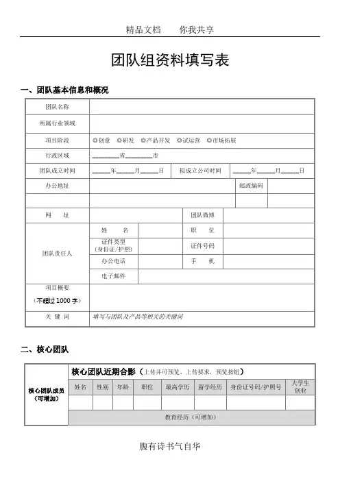“中国创翼”青年创业创新大赛团队组资料填写表