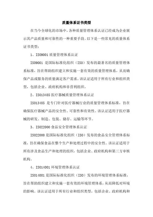 质量体系证书类型