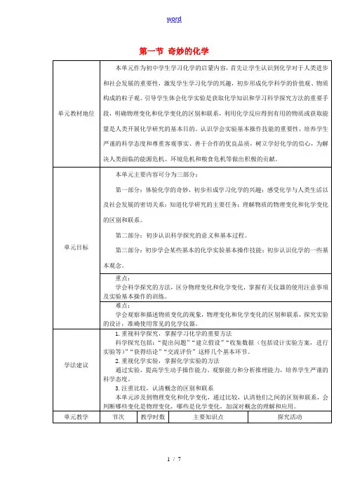 九年级化学全册 第一单元《化学改变了世界》第一节 奇妙的化学教案 鲁教版