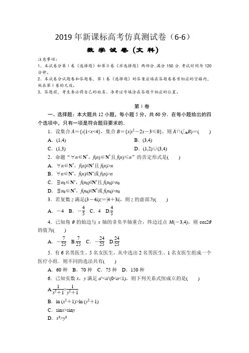 2019年高考 文科数学 仿真模拟测试卷(6-6)