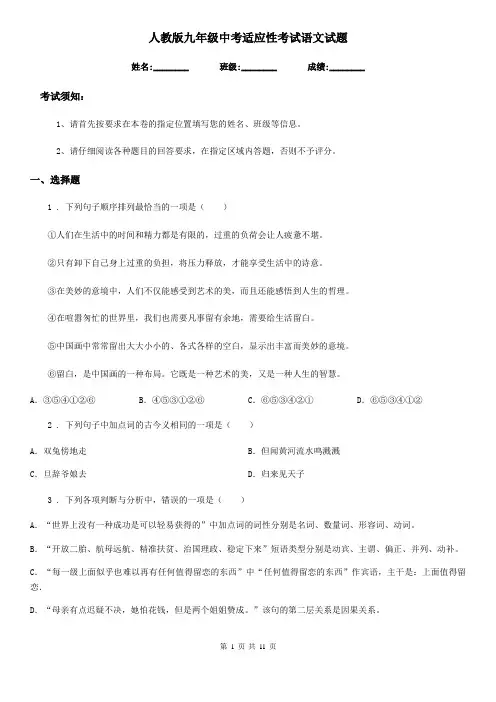 人教版九年级中考适应性考试语文试题