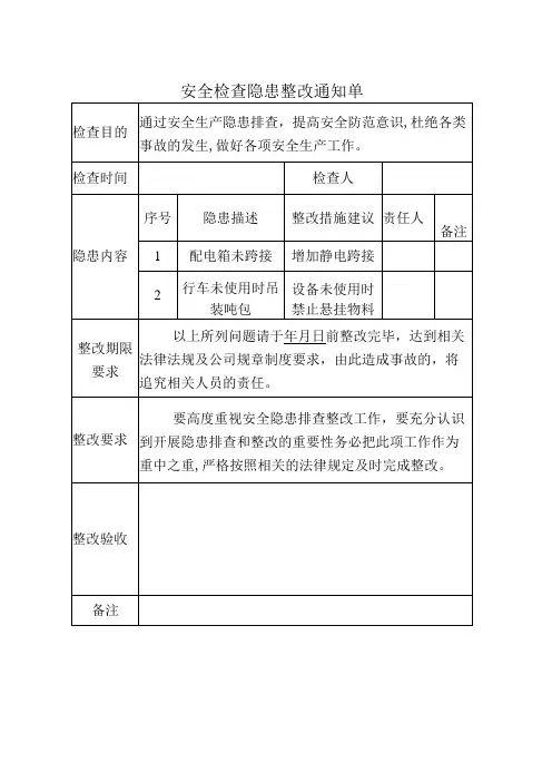 安全检查隐患整改通知单