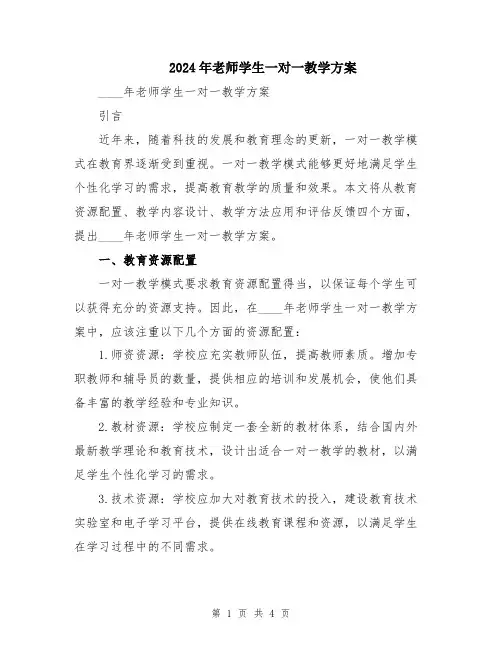 2024年老师学生一对一教学方案